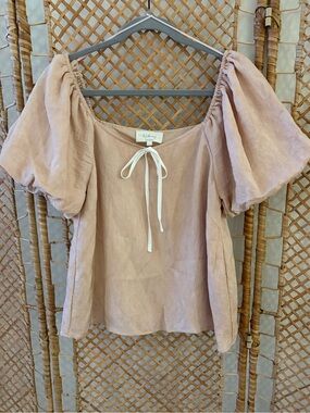 NWOT In February- Blush Ribbed Puff-Sleeve Tie-Front Top